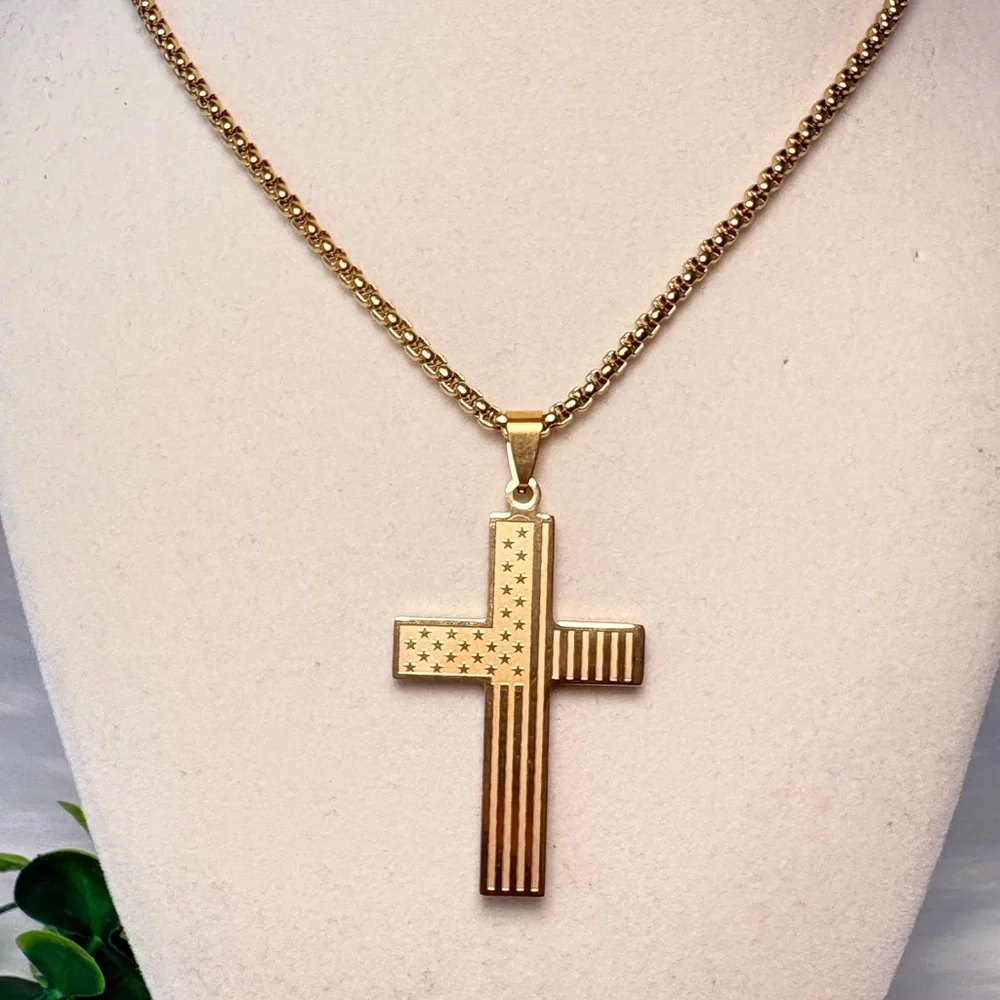Gold Cross With American Flag‎ Necklace
